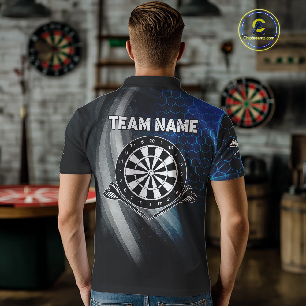 Custom Men's Dart Shirt – Black Blue Hexagon Design Darts Team Jersey | Polo & Quarter Zip Uniform TDM4074