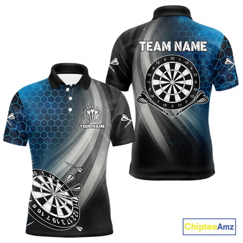 Custom Men's Dart Shirt – Black Blue Hexagon Design Darts Team Jersey | Polo & Quarter Zip Uniform TDM4074