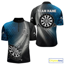 Load image into Gallery viewer, Custom Men&#39;s Dart Shirt – Black Blue Hexagon Design Darts Team Jersey | Polo &amp; Quarter Zip Uniform TDM4074