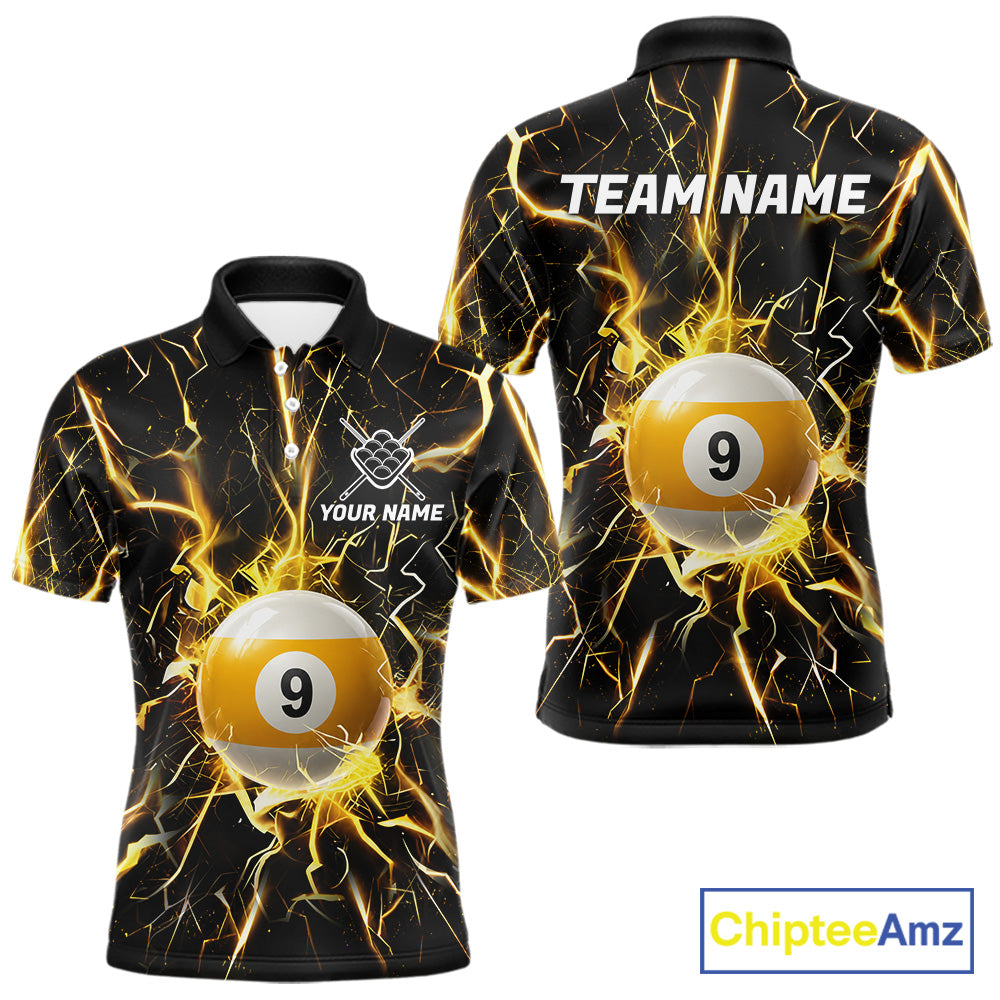 Black polo shirt with yellow lightning design and 9 ball graphic, customizable name and team name