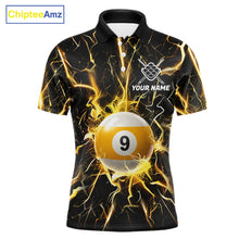 Load image into Gallery viewer, Black polo shirt with yellow lightning design and 9 ball graphic, customizable name and team name