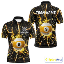 Load image into Gallery viewer, Black polo shirt with yellow lightning design and 9 ball graphic, customizable name and team name
