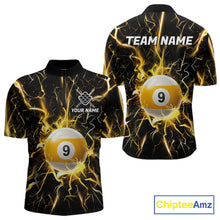 Load image into Gallery viewer, Black quarter zip shirt with yellow lightning design and 9 ball graphic, customizable name and team name