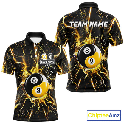 Black polo shirt with yellow lightning design and 8 ball 9 ball graphic, customizable name and team name