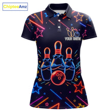 Load image into Gallery viewer, Blue funny neon custom bowling polo shirt for women.