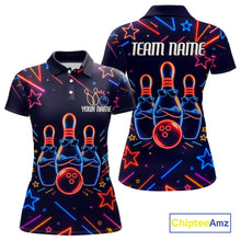 Load image into Gallery viewer, Blue funny neon bowling team polo shirt for women with vibrant neon bowling graphics.
