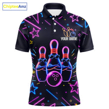 Load image into Gallery viewer, Purple funny neon custom bowling polo shirt for men, personalized bowling team jersey for league tournaments.