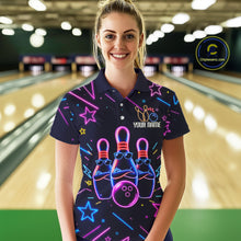 Load image into Gallery viewer, Woman wearing a purple funny neon bowling polo shirt front view.
