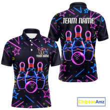 Load image into Gallery viewer, Purple funny neon bowling team polo shirt for men with vibrant neon bowling graphics.