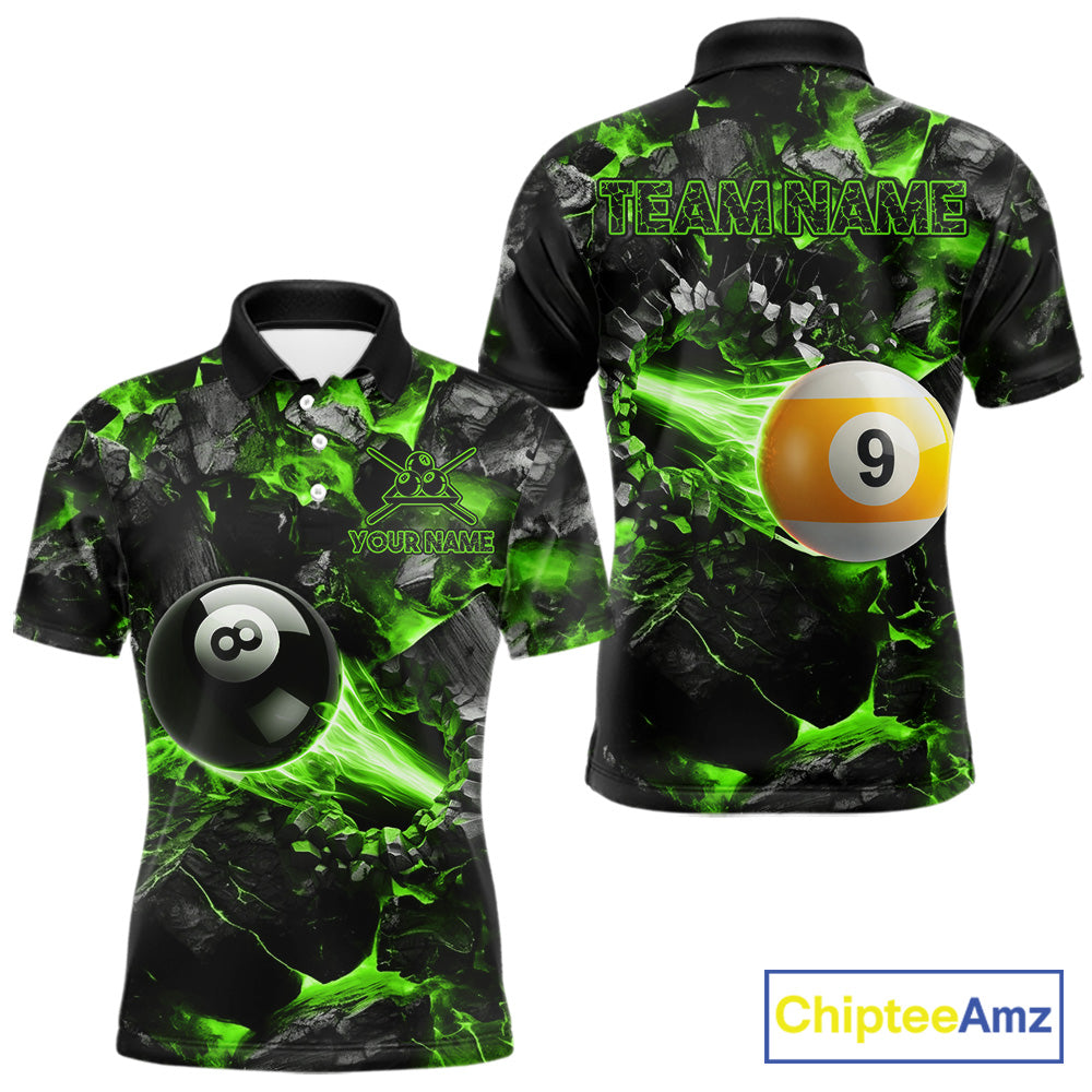 Personalized Green 8 Ball 9 Ball Fire Billiard Polo Shirt Featuring Intense Flame Artwork for Pool League Players, Team Competition, and Tournament Events