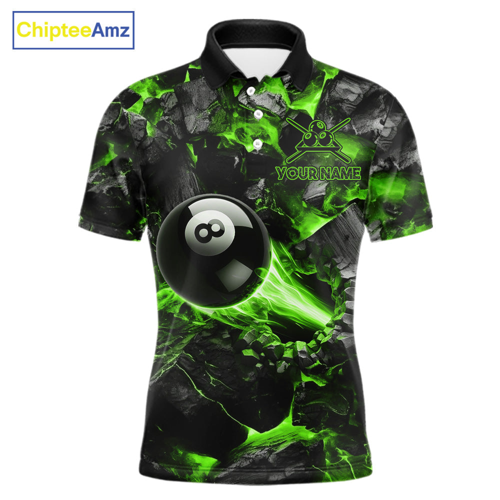 Personalized Green 8 Ball 9 Ball Fire Billiard Polo Shirt Featuring Intense Flame Artwork for Pool League Players, Team Competition, and Tournament Events