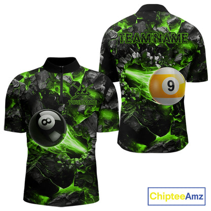 Personalized Green 8 Ball 9 Ball Fire Quarter Zip Billiard Shirt Created for Competitive Pool League Teams with Performance Fabric and Tournament Ready Team Design