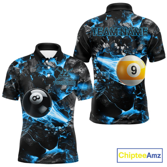 Personalized Blue 8 Ball 9 Ball Fire Billiard Polo Shirt Featuring Bold Flame Artwork for Pool League Players, Team Competition, and Tournament Events