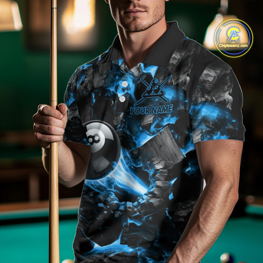 Man Wearing Personalized Blue 8 Ball 9 Ball Fire Billiard Polo Shirt with Athletic Performance Fit and Eye Catching Flame Graphic Artwork, Front View