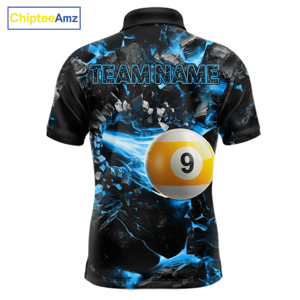 Custom Blue 8 Ball 9 Ball Fire Pool Polo Shirt Designed for Personalized Billiard Team Jerseys with Premium Athletic Performance, Dynamic Fire Graphics, and League Ready Style