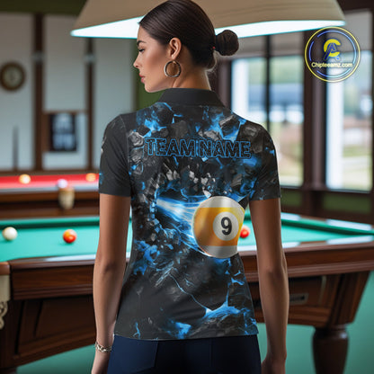 Woman Wearing Personalized Blue 8 Ball 9 Ball Fire Custom Pool Team Jersey Featuring the Complete Rear Graphic Design, Back View