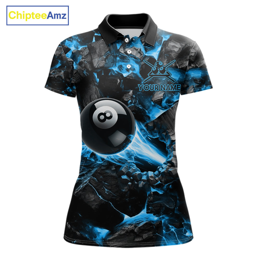 Personalized Blue 8 Ball 9 Ball Fire Billiard Polo Shirt Featuring Bold Flame Artwork for Pool League Players, Team Competition, and Tournament Events