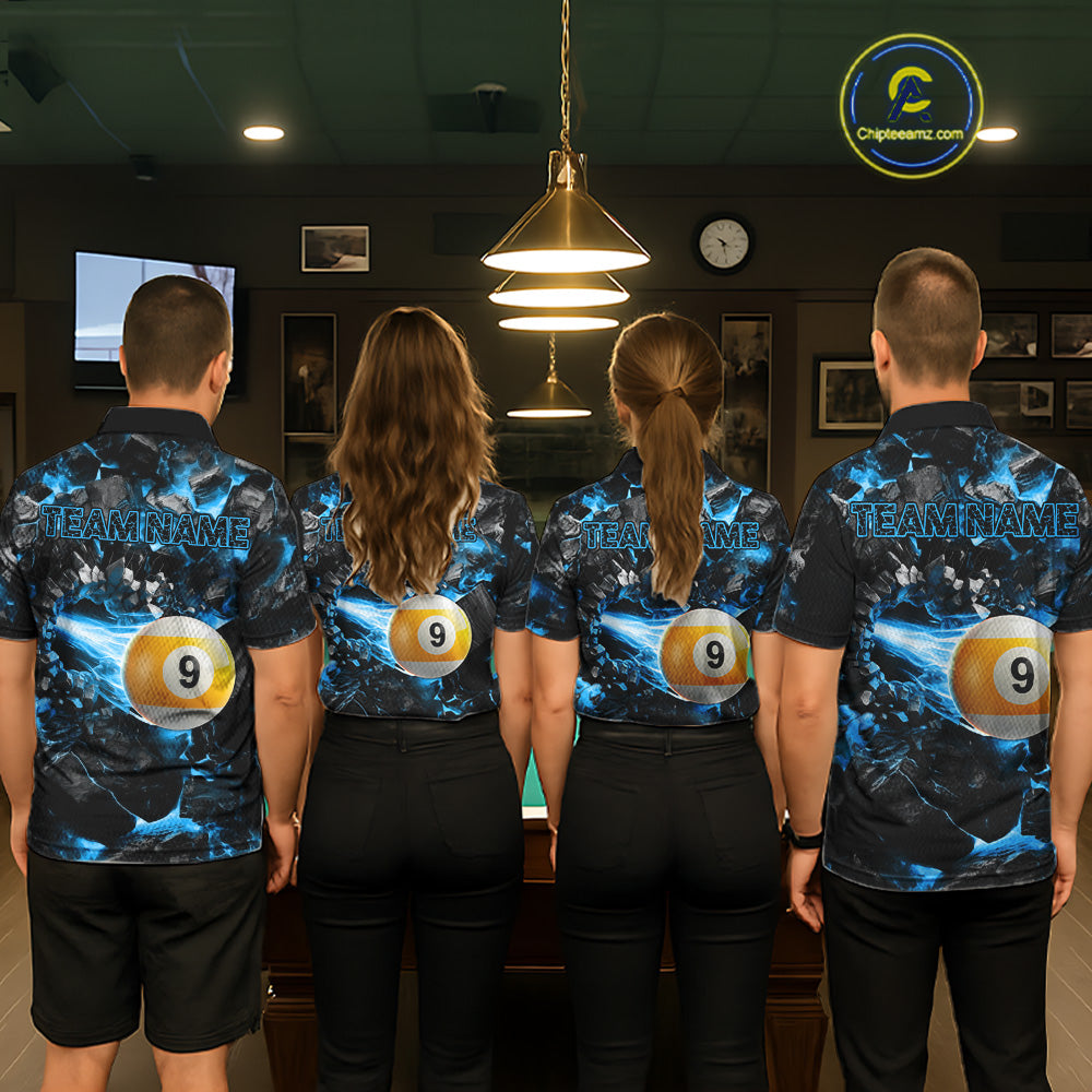 Pool Team Wearing Personalized Blue 8 Ball 9 Ball Fire Custom Billiard Team Jerseys Featuring the Complete Back Artwork, Back View