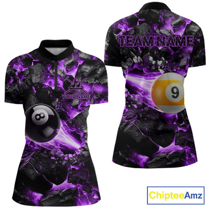 Personalized Purple 8 Ball 9 Ball Fire Quarter Zip Billiard Shirt Created for Competitive Pool League Teams with Performance Fabric and Tournament Ready Team Design