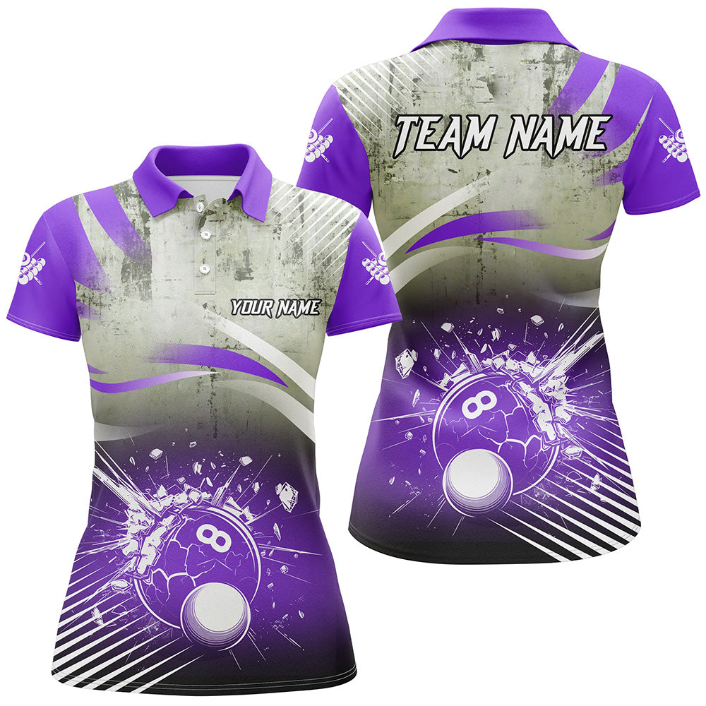 Personalized Purple Grunge Break 8 Ball Billiard Shirts For Women, Retro Team League Billiard Jerseys TDM2346