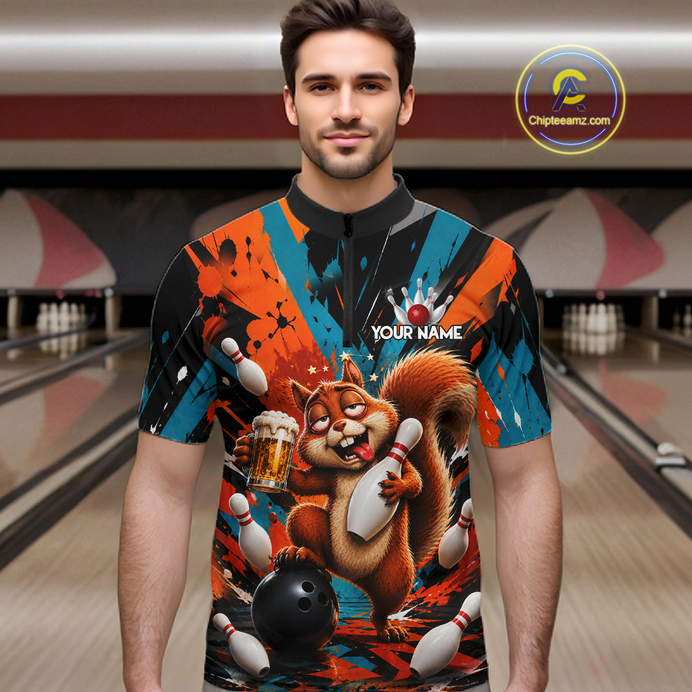 Colorful Graffiti Funny Drunk Squirrel Beer Bowling Shirts For Men Custom Bowling Team Jersey TDM7355