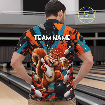 Colorful Graffiti Funny Drunk Squirrel Beer Bowling Shirts For Men Custom Bowling Team Jersey TDM7355
