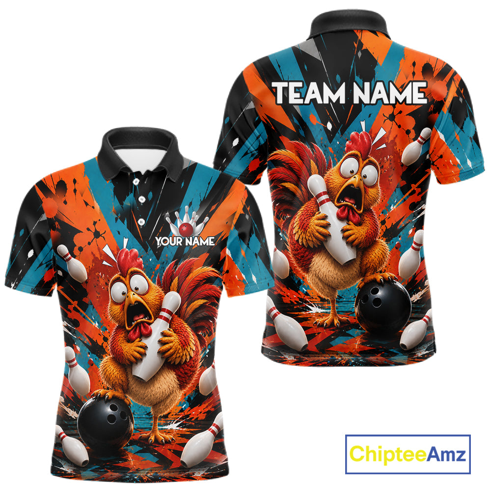 Colorful Graffiti Funny Chicken Bowling Polo, 1/4 Zip Shirts For Men Custom Bowling Team Jersey TDM7356