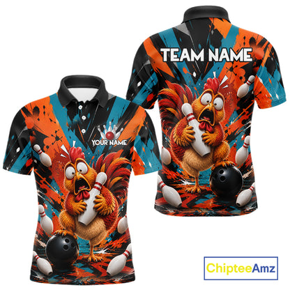 Colorful Graffiti Funny Chicken Bowling Polo, 1/4 Zip Shirts For Men Custom Bowling Team Jersey TDM7356