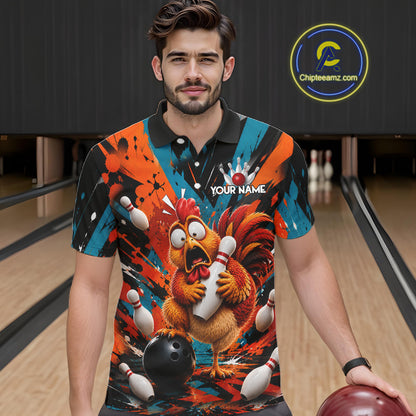 Colorful Graffiti Funny Chicken Bowling Polo, 1/4 Zip Shirts For Men Custom Bowling Team Jersey TDM7356