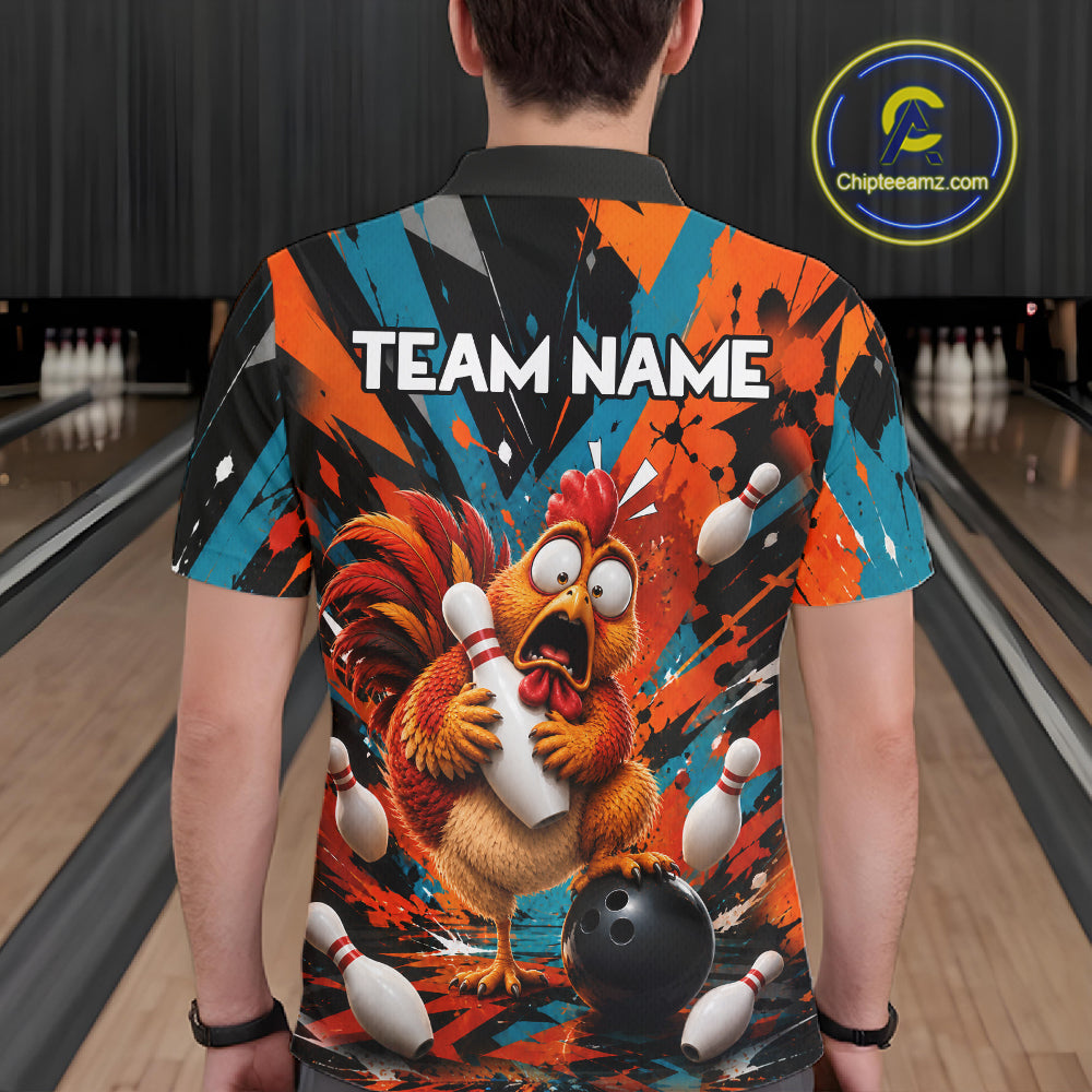 Colorful Graffiti Funny Chicken Bowling Polo, 1/4 Zip Shirts For Men Custom Bowling Team Jersey TDM7356