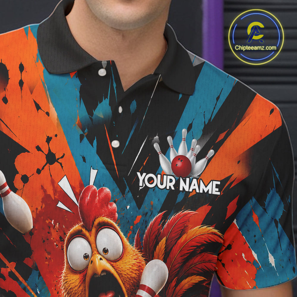 Colorful Graffiti Funny Chicken Bowling Polo, 1/4 Zip Shirts For Men Custom Bowling Team Jersey TDM7356