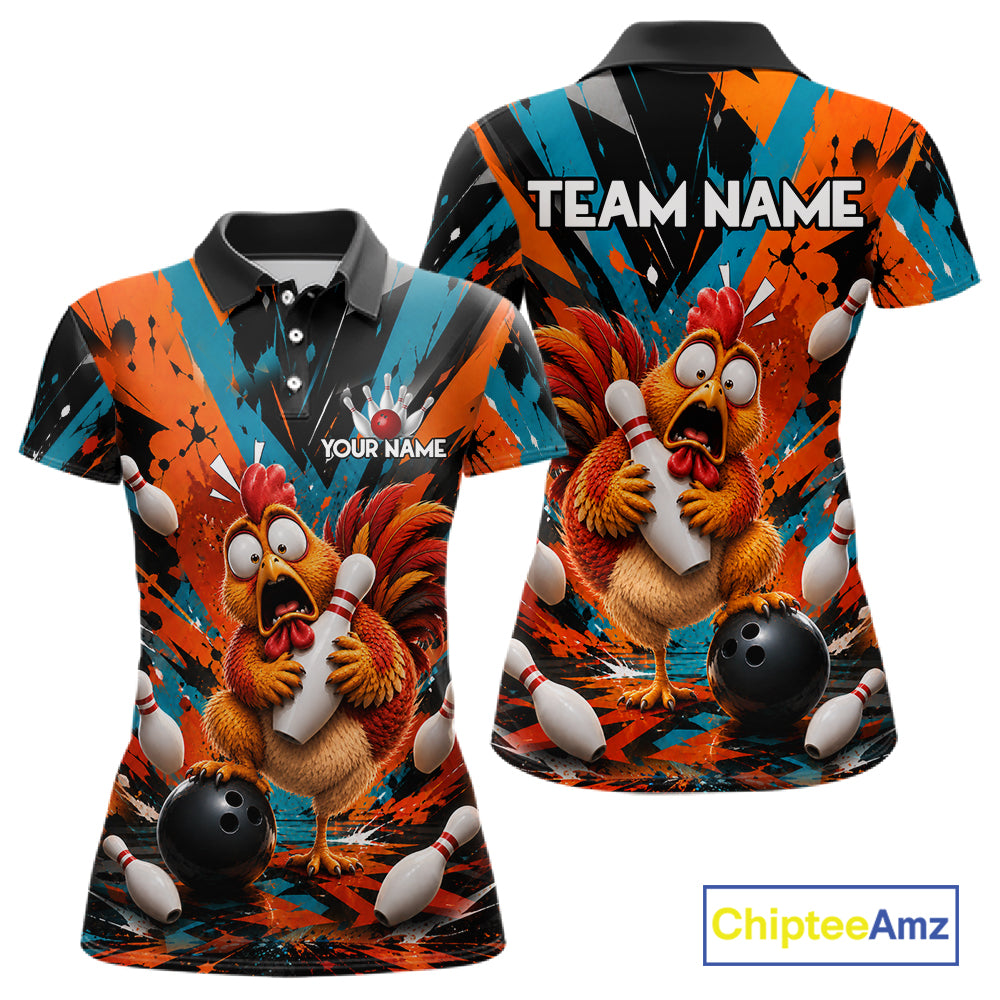 Colorful Graffiti Funny Chicken Bowling Polo, 1/4 Zip Shirts For Women Custom Bowling Team Jersey TDM7356
