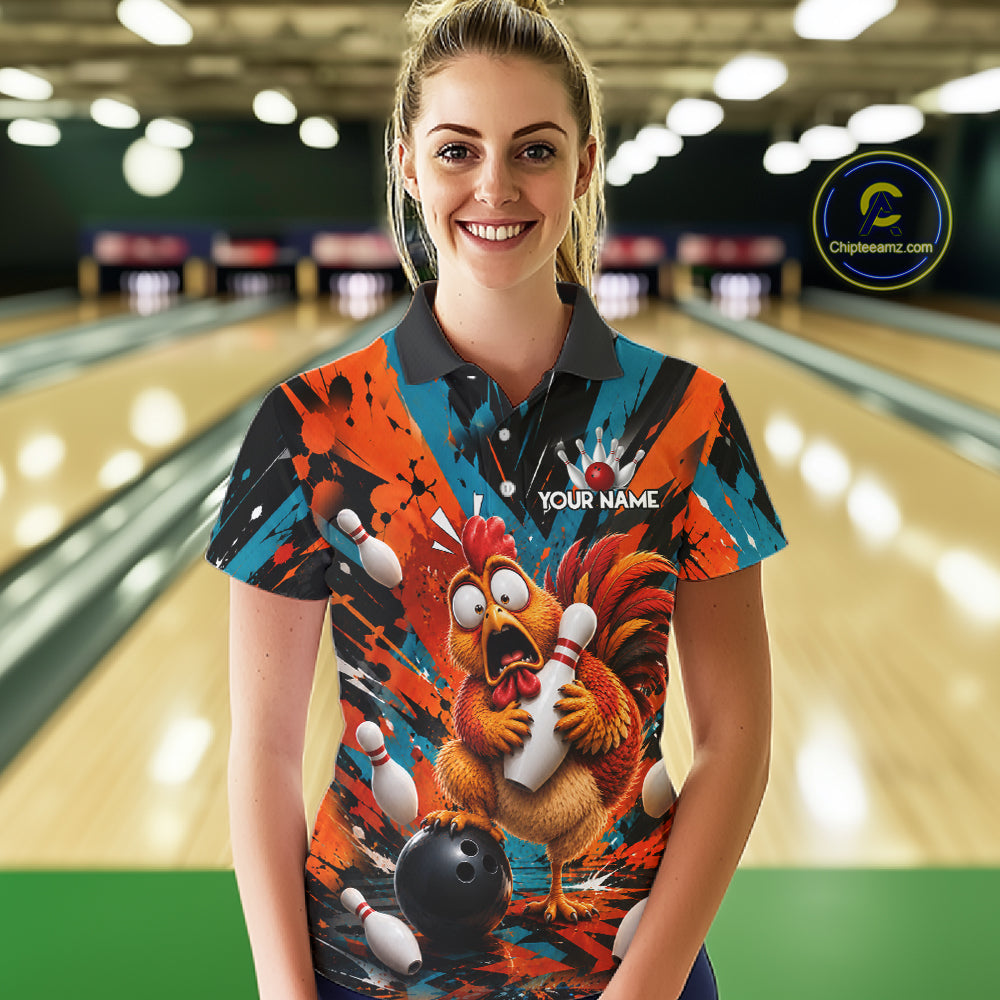 Colorful Graffiti Funny Chicken Bowling Polo, 1/4 Zip Shirts For Women Custom Bowling Team Jersey TDM7356