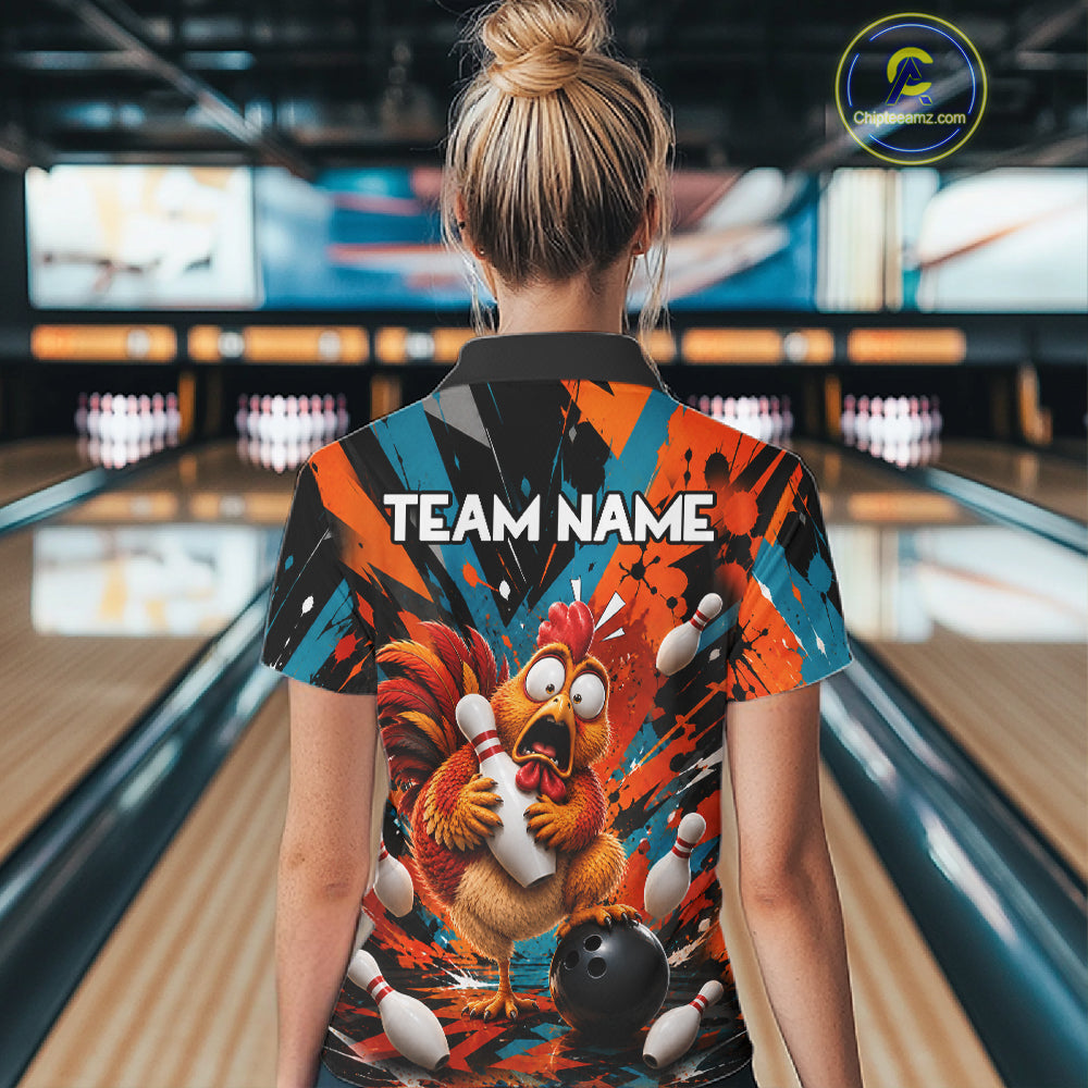 Colorful Graffiti Funny Chicken Bowling Polo, 1/4 Zip Shirts For Women Custom Bowling Team Jersey TDM7356