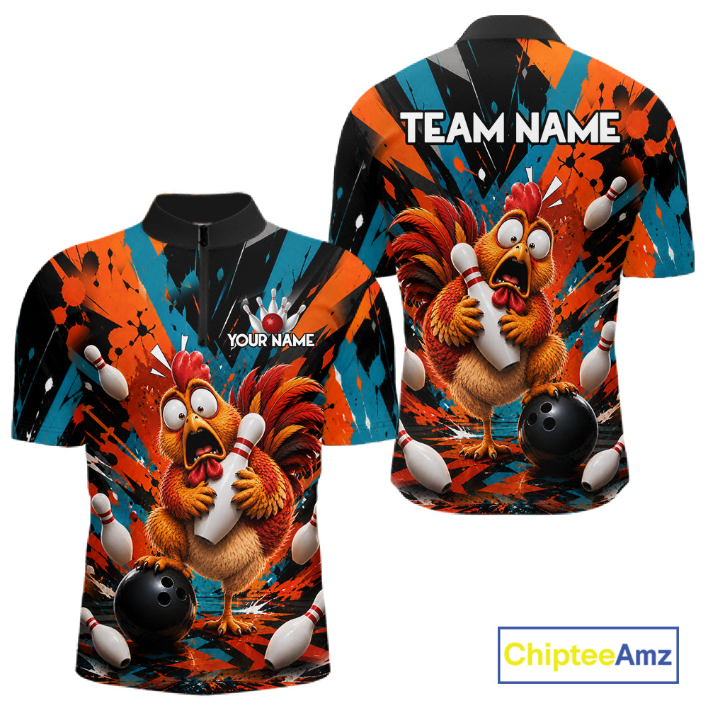 Colorful Graffiti Funny Chicken Bowling Polo, 1/4 Zip Shirts For Men Custom Bowling Team Jersey TDM7356