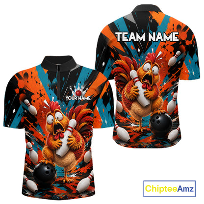 Colorful Graffiti Funny Chicken Bowling Polo, 1/4 Zip Shirts For Men Custom Bowling Team Jersey TDM7356
