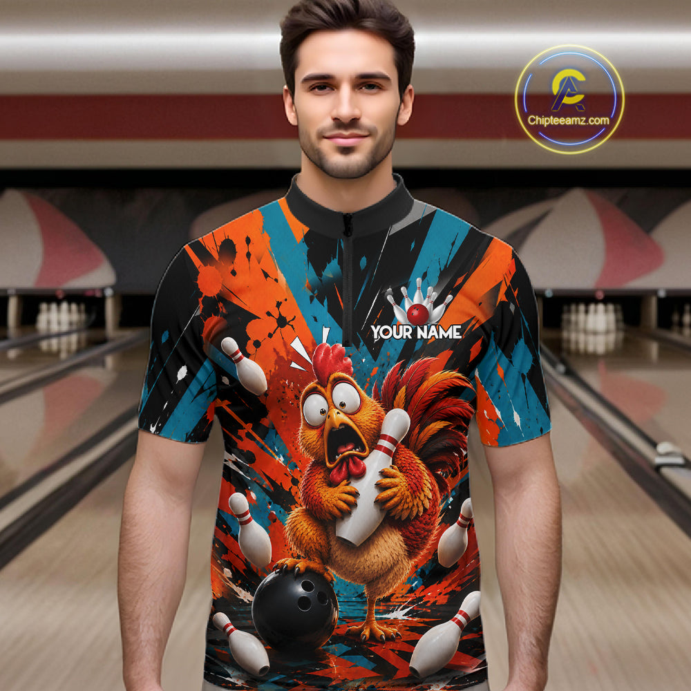 Colorful Graffiti Funny Chicken Bowling Polo, 1/4 Zip Shirts For Men Custom Bowling Team Jersey TDM7356