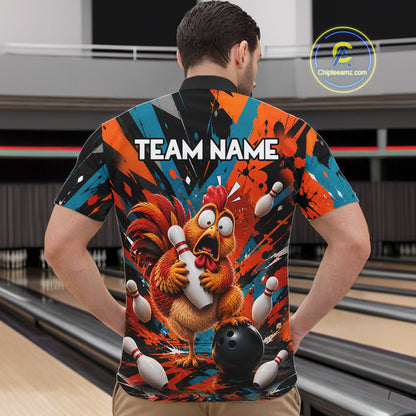 Colorful Graffiti Funny Chicken Bowling Polo, 1/4 Zip Shirts For Men Custom Bowling Team Jersey TDM7356