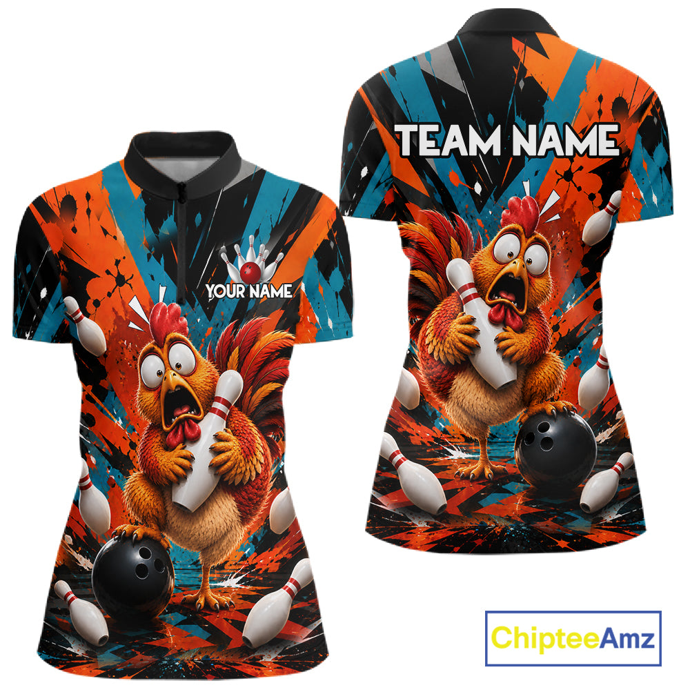 Colorful Graffiti Funny Chicken Bowling Polo, 1/4 Zip Shirts For Women Custom Bowling Team Jersey TDM7356