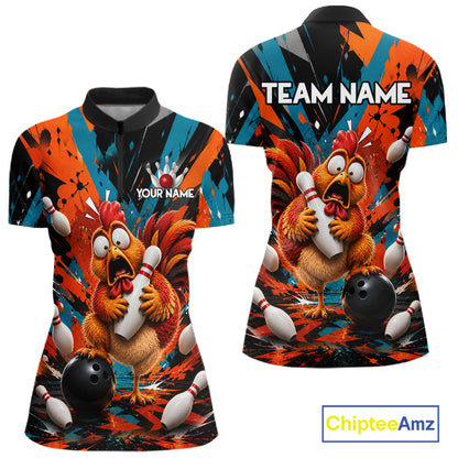 Colorful Graffiti Funny Chicken Bowling Polo, 1/4 Zip Shirts For Women Custom Bowling Team Jersey TDM7356