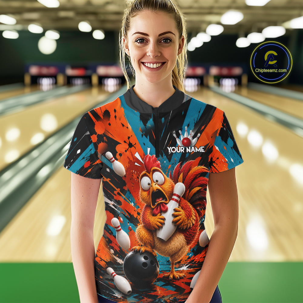 Colorful Graffiti Funny Chicken Bowling Polo, 1/4 Zip Shirts For Women Custom Bowling Team Jersey TDM7356