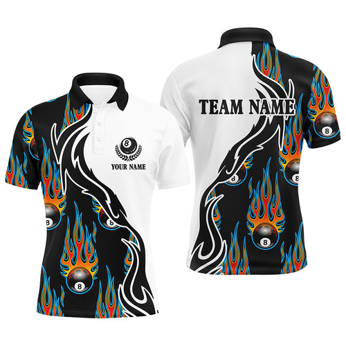Flaming 8 Ball Billiard Pattern Custom Name Polo Shirts For Men, Custom Basis Design Pool Shirts TDM0221