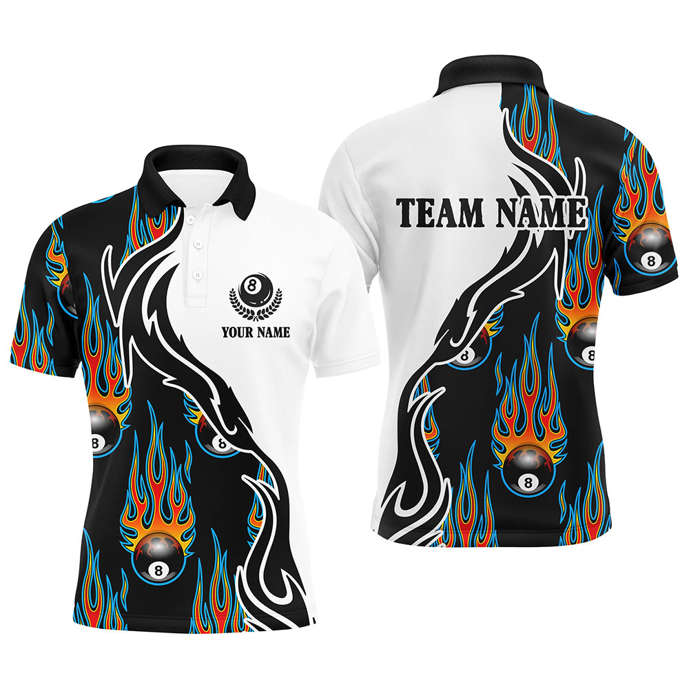 Flaming 8 Ball Billiard Pattern Custom Name Polo Shirts For Men, Custom Basis Design Pool Shirts TDM0221