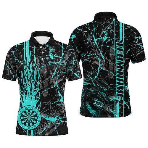 Turquoise Grunge Dart Jerseys For Men, Fire Flame Dart Board Custom Name Dragon Darts League Shirts TDM2603