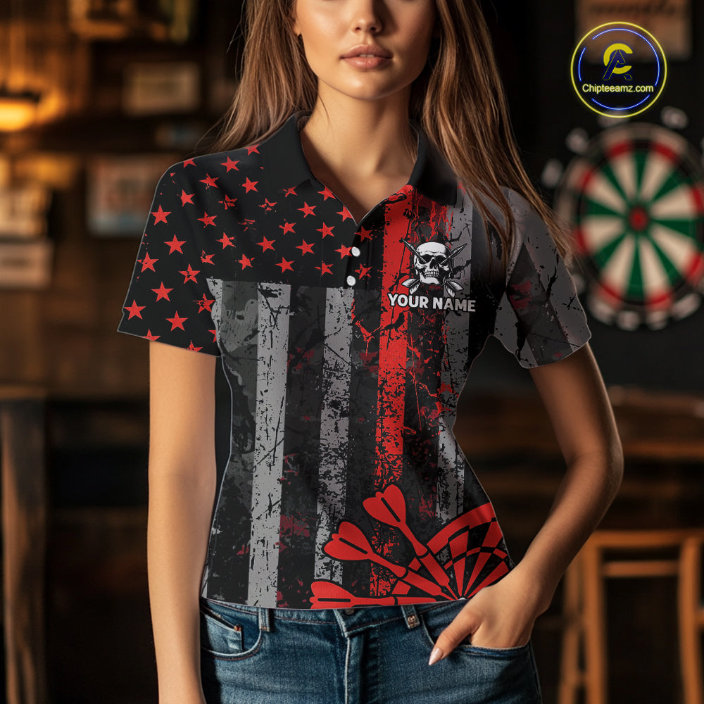 Personalized Red Grunge US Flag Skull Darts Shirt For Women Custom Patriotic Darts Team Jersey TDM4882