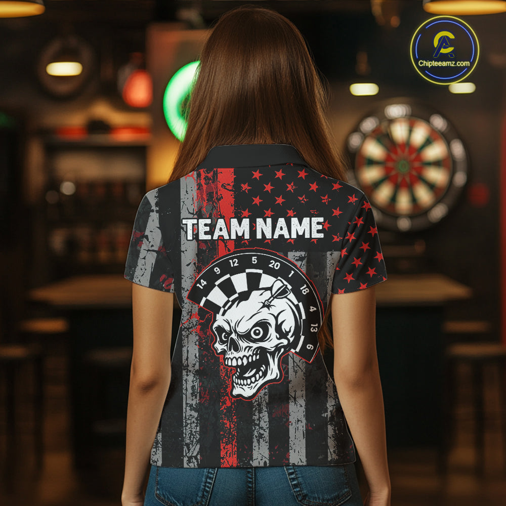 Personalized Red Grunge US Flag Skull Darts Shirt For Women Custom Patriotic Darts Team Jersey TDM4882