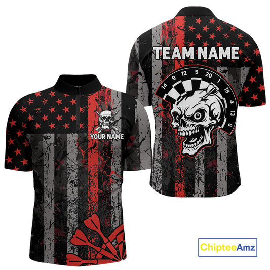 Personalized Red Grunge US Flag Skull Darts Shirt For Men Custom Patriotic Darts Team Jersey TDM4882