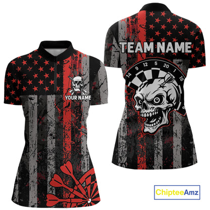 Personalized Red Grunge US Flag Skull Darts Shirt For Women Custom Patriotic Darts Team Jersey TDM4882