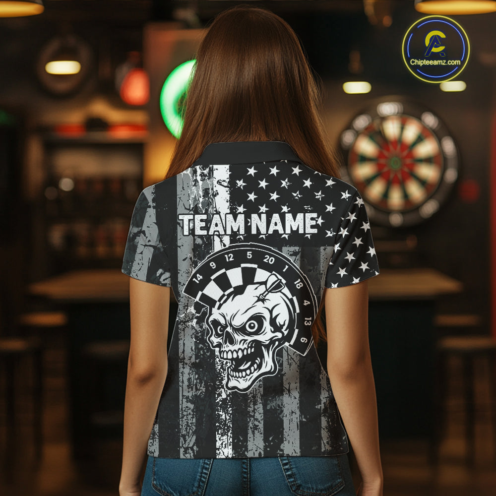 Personalized White Black Grunge US Flag Skull Darts Shirt For Women Custom Patriotic Darts Jersey TDM4883