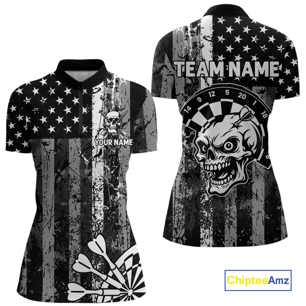 Personalized White Black Grunge US Flag Skull Darts Shirt For Women Custom Patriotic Darts Jersey TDM4883
